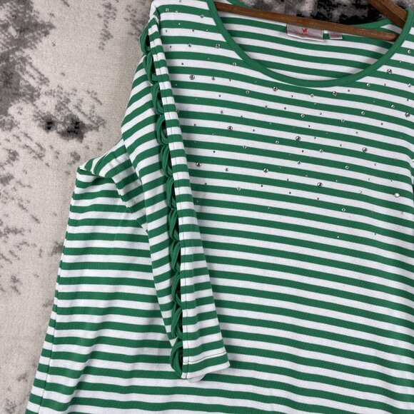 Quacker Factory Top Womens Size Large Green Striped Rhinestone Cross Lace Sleeve - Picture 7 of 14